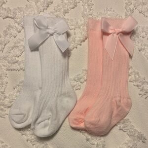 Edgehill Collection Girls Knee-High Socks with Bows - White and Pink, twins